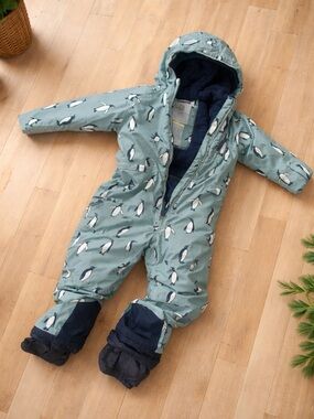 Kids Penguin-Print Puffer Snowsuit in Sage Green